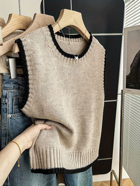 Comfortable Contrast Trim Sweater Vest for Women with Crew Neck Sleeveless Ribbed Hem Oversized Knit Style