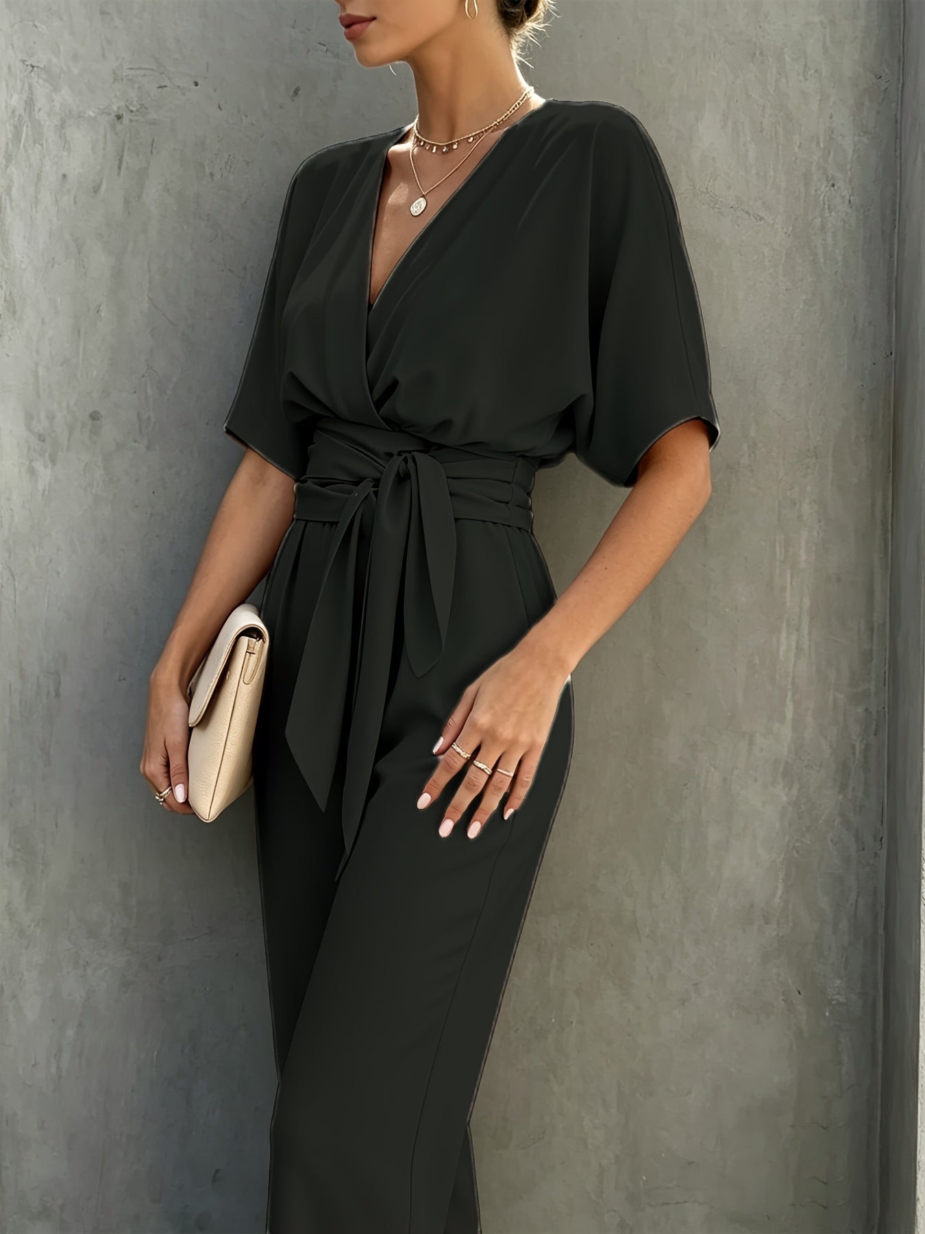 Solid Color Casual Elegant Commuter Women's V-Neck Adjustable Belt Tie Fashion Long Pants Jumpsuit
