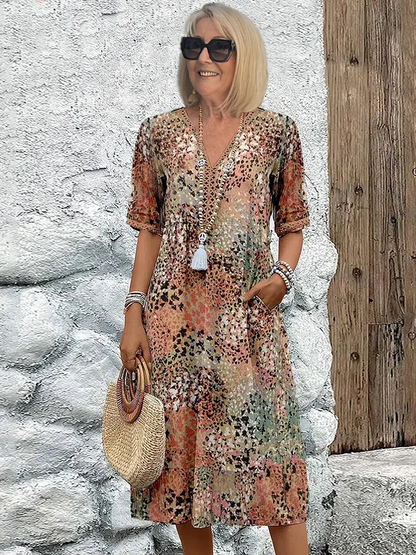 Effortless Abstract Print Midi Dress for Women with V Neck Elbow Sleeve Flowing Bohemian Style