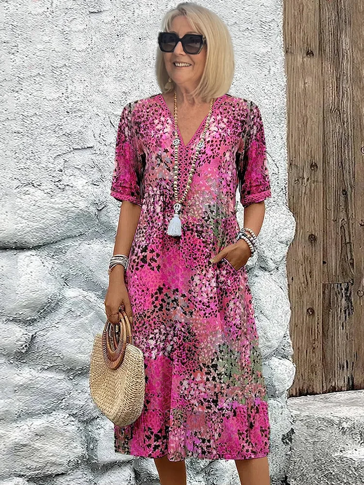 Effortless Abstract Print Midi Dress for Women with V Neck Elbow Sleeve Flowing Bohemian Style