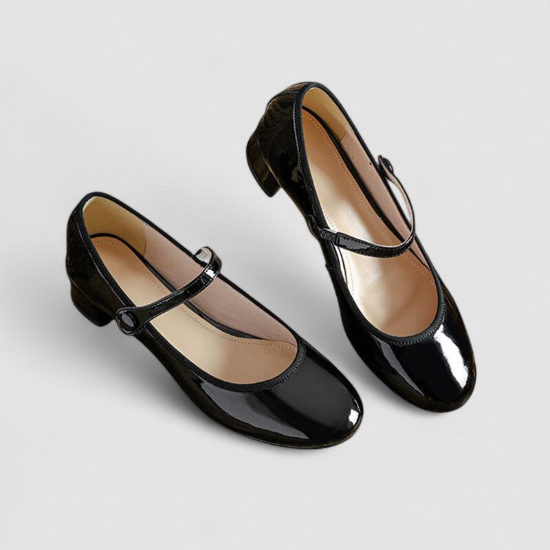 Elegant Patent Leather Mary Jane Pump for Women with Round Toe Ankle Strap Block Heel Style