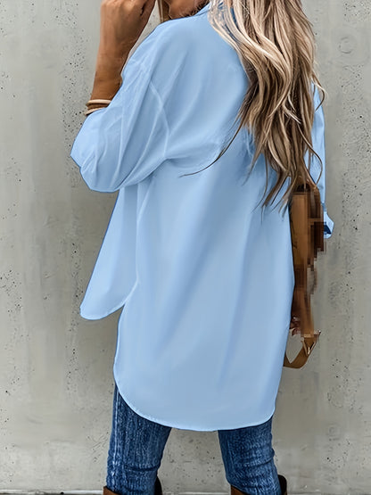 Solid Color Button-Up Long Sleeve Shirt for Women