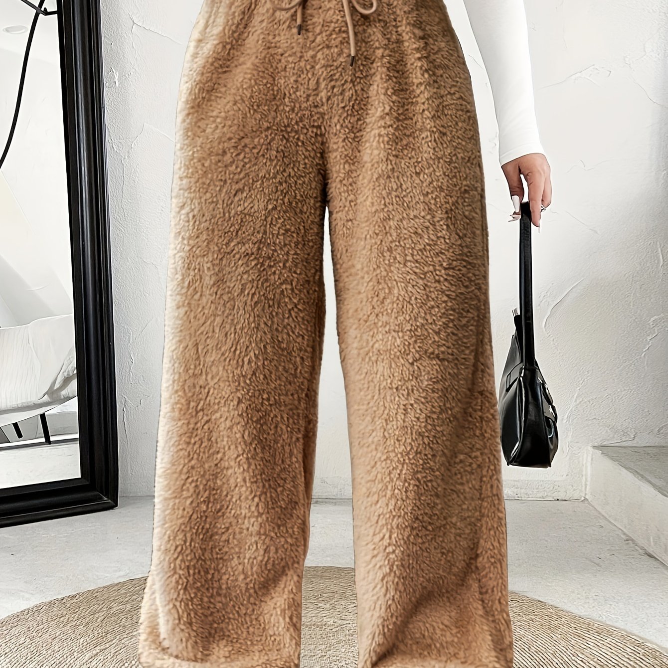 Plus Size -Adult Plus Size Clothing Autumn Winter Casual Reversible Plush Thick Warm Waistband Drawstring Loose Drape Wide Leg Pants