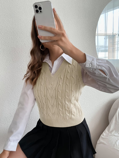 Comfortable Cable Knit Sweater Vest for Women with V Neck Sleeveless Ribbed Hem Preppy Style