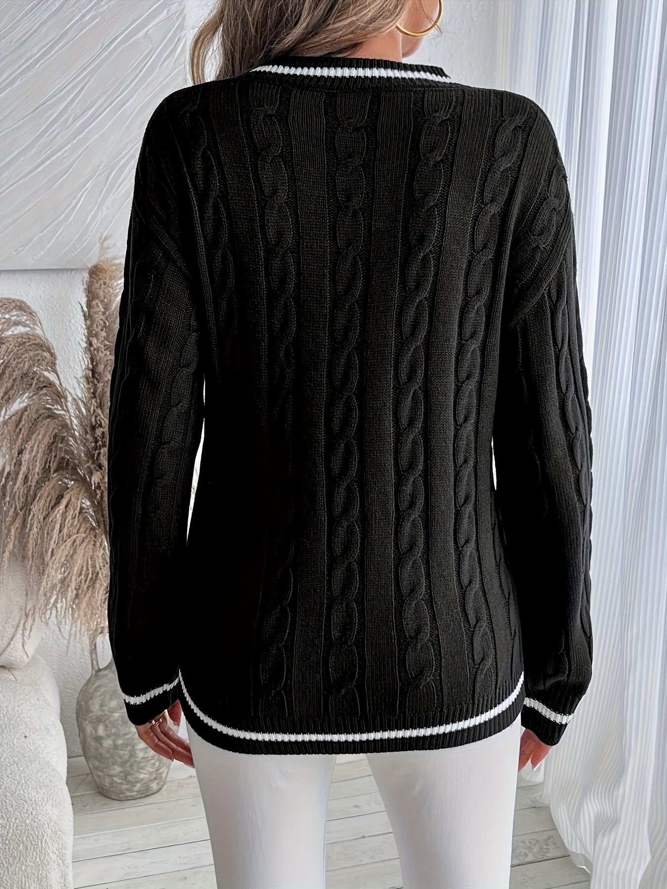 Comfortable Cable Knit Sweater for Women with V Neck Long Sleeve Striped Trim Oversized Style