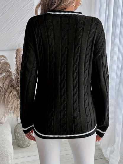 Comfortable Cable Knit Sweater for Women with V Neck Long Sleeve Striped Trim Oversized Style