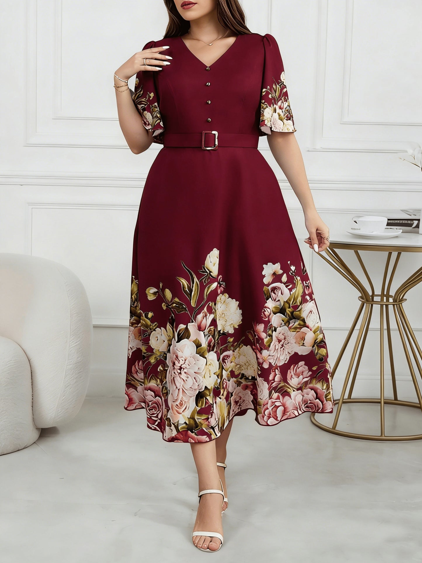 Plus Size, Plus Size Women's Spring/Summer Floral Print Elegant High-Waisted V-Neck Short Sleeve Dress