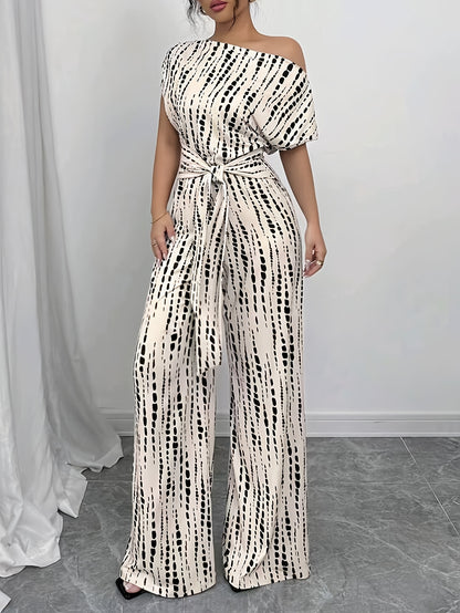 Elegant Apricot Printed Jumpsuit for Women with One Shoulder Short Sleeve Tie Waist Wide Leg Flowing Style