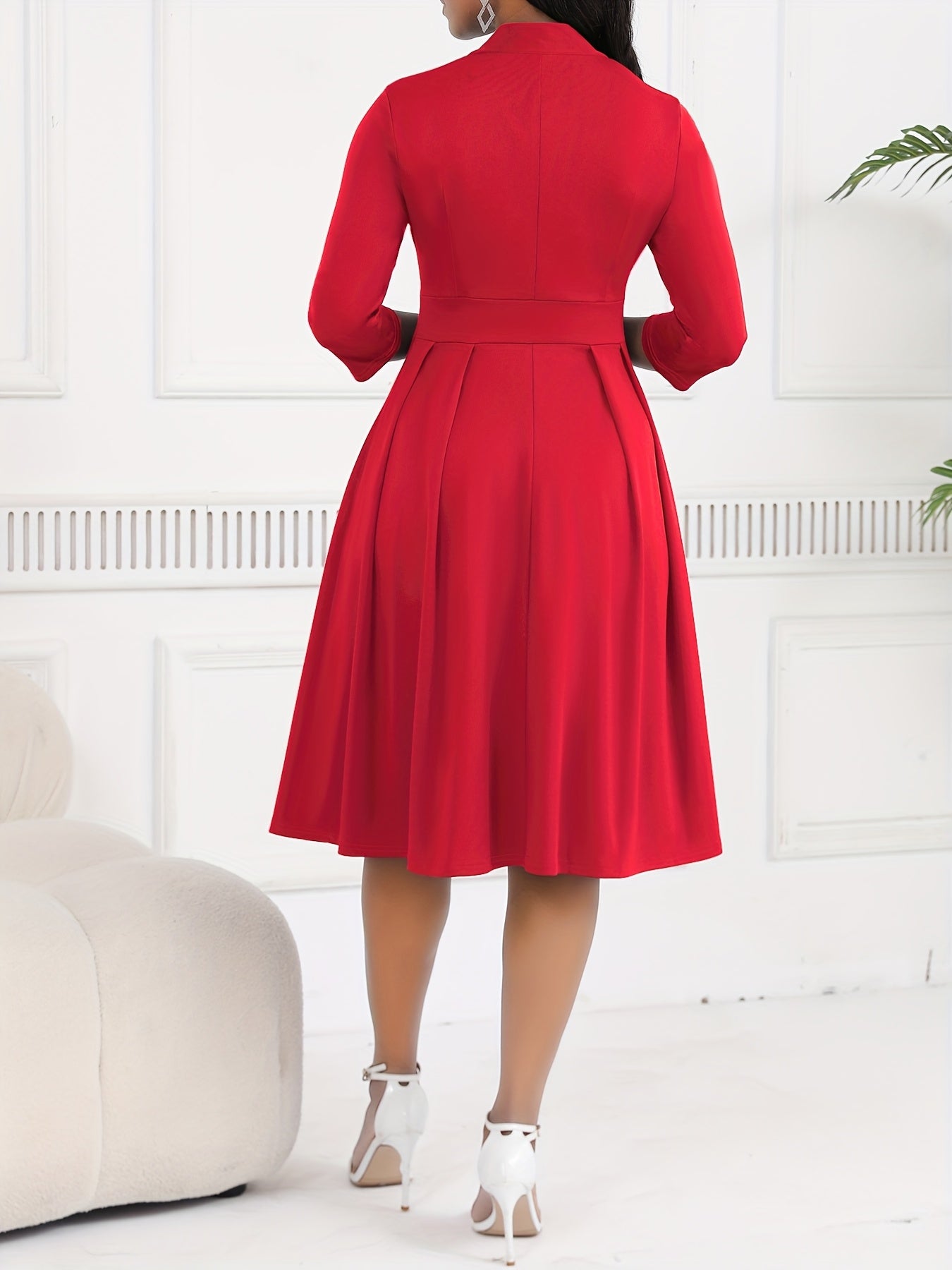 Elegant Bow Tie Midi Dress for Women with Stand Collar Elbow Sleeve Pleated Fit and Flare Style