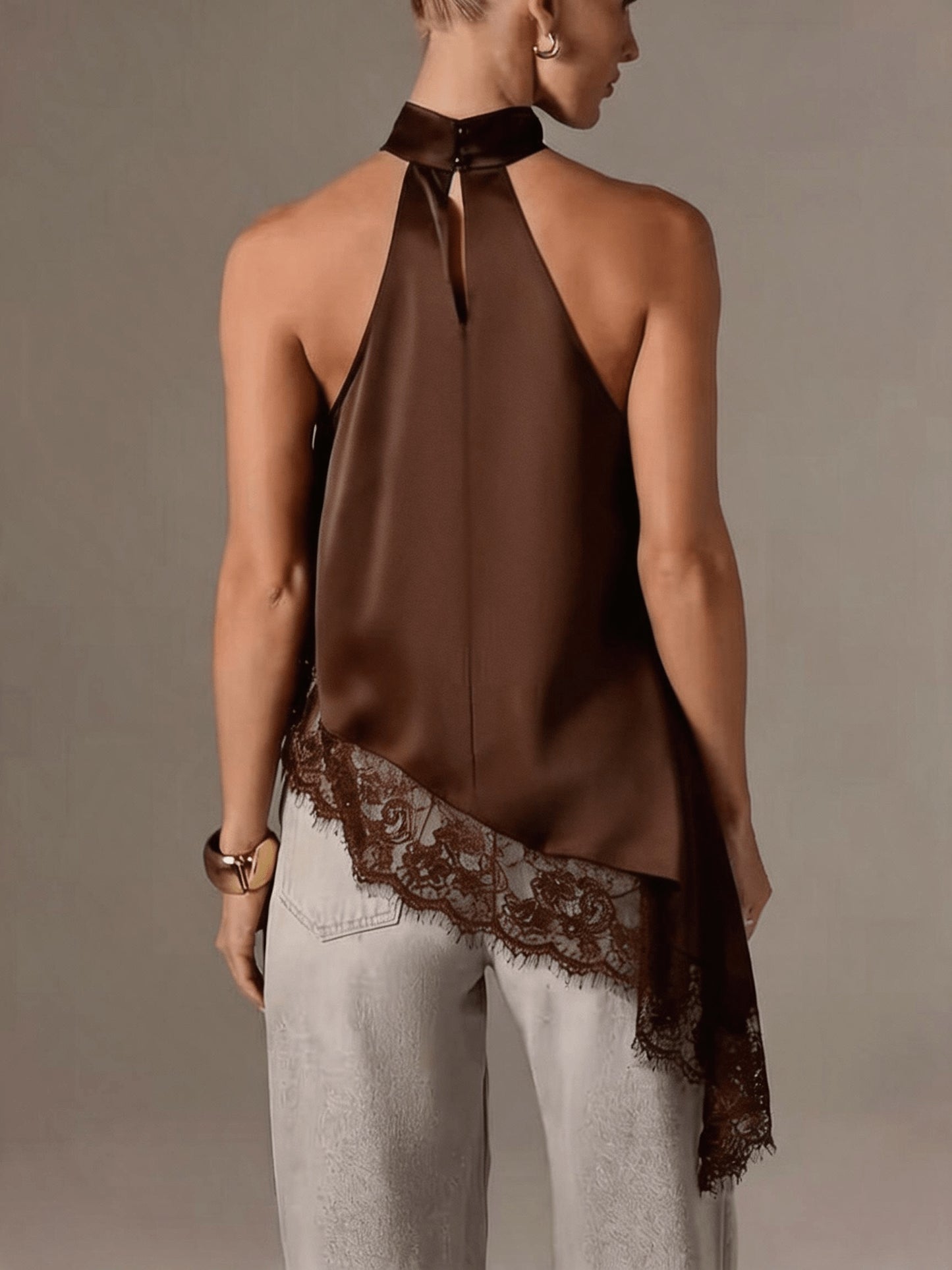 Elegant Satin Halter Top for Women with High Neck Sleeveless Lace Trim Asymmetric Flowing Style
