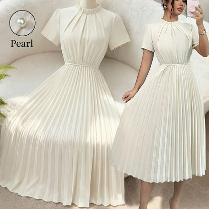 ZLLZ Trendy Summer New Style Women'S Solid Color Teardrop Back Collar Light Luxury Pearl Button Decoration with Waist-Cinching Pleated A-Line Design, Fashionable And, Women'S Fashion Dress Party Elegant Style Dress