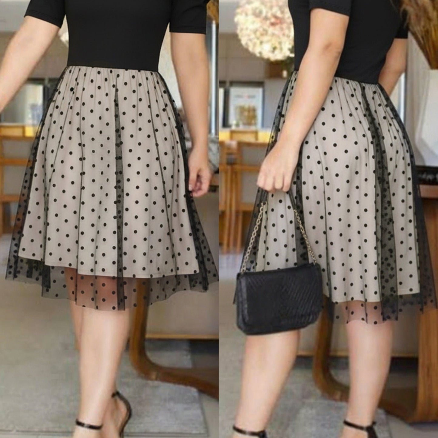 Women's Dress with Color Blocking Round Neck Puff Sleeves and Mesh Paneling Design Elegant and Slim Fit Fashionable and Comfortable Versatile Women's Clothing