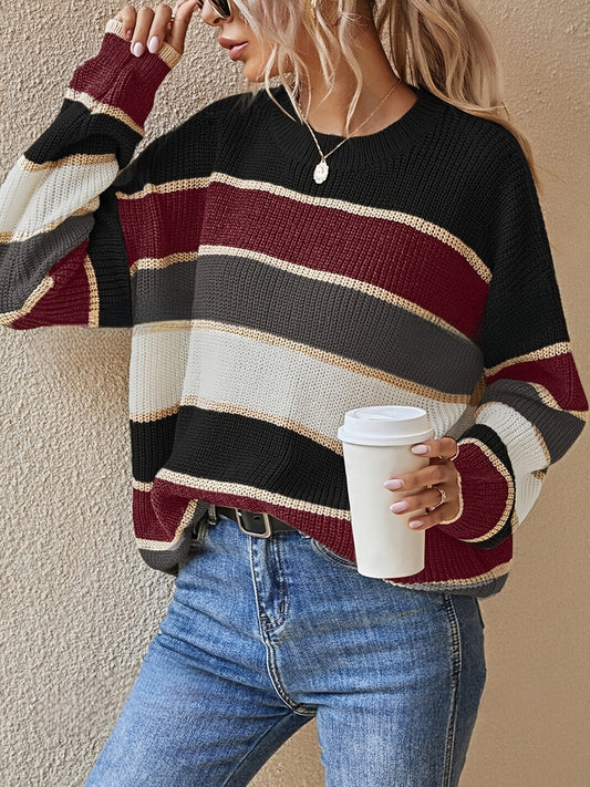 Comfortable Striped Colorblock Sweater for Women with Crew Neck Long Sleeve Relaxed Oversized Knit Style