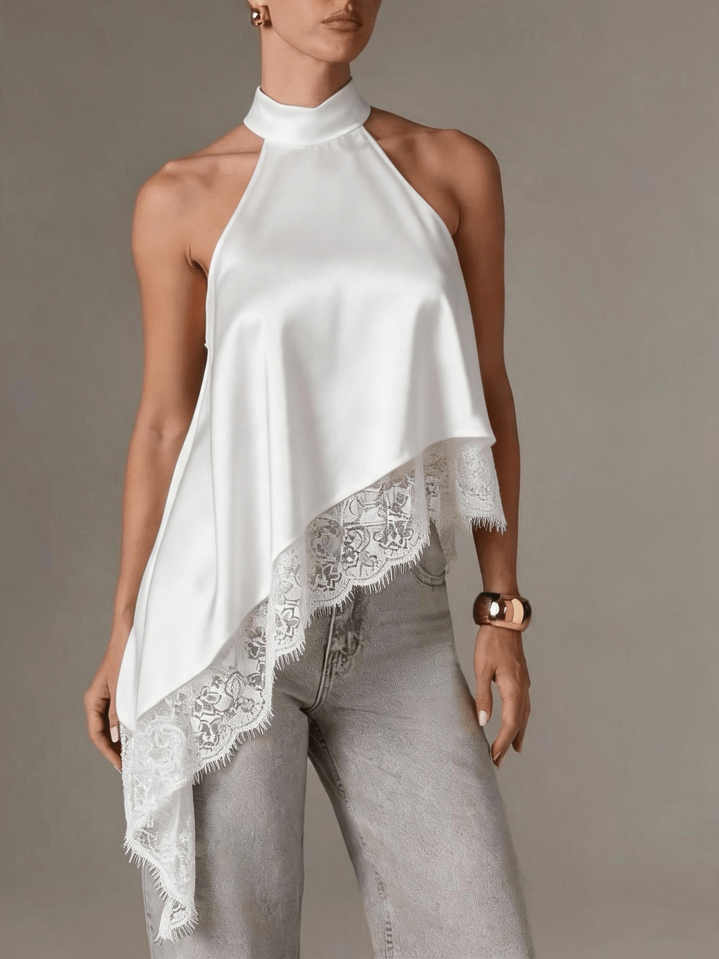 Elegant Satin Halter Top for Women with High Neck Sleeveless Lace Trim Asymmetric Flowing Style