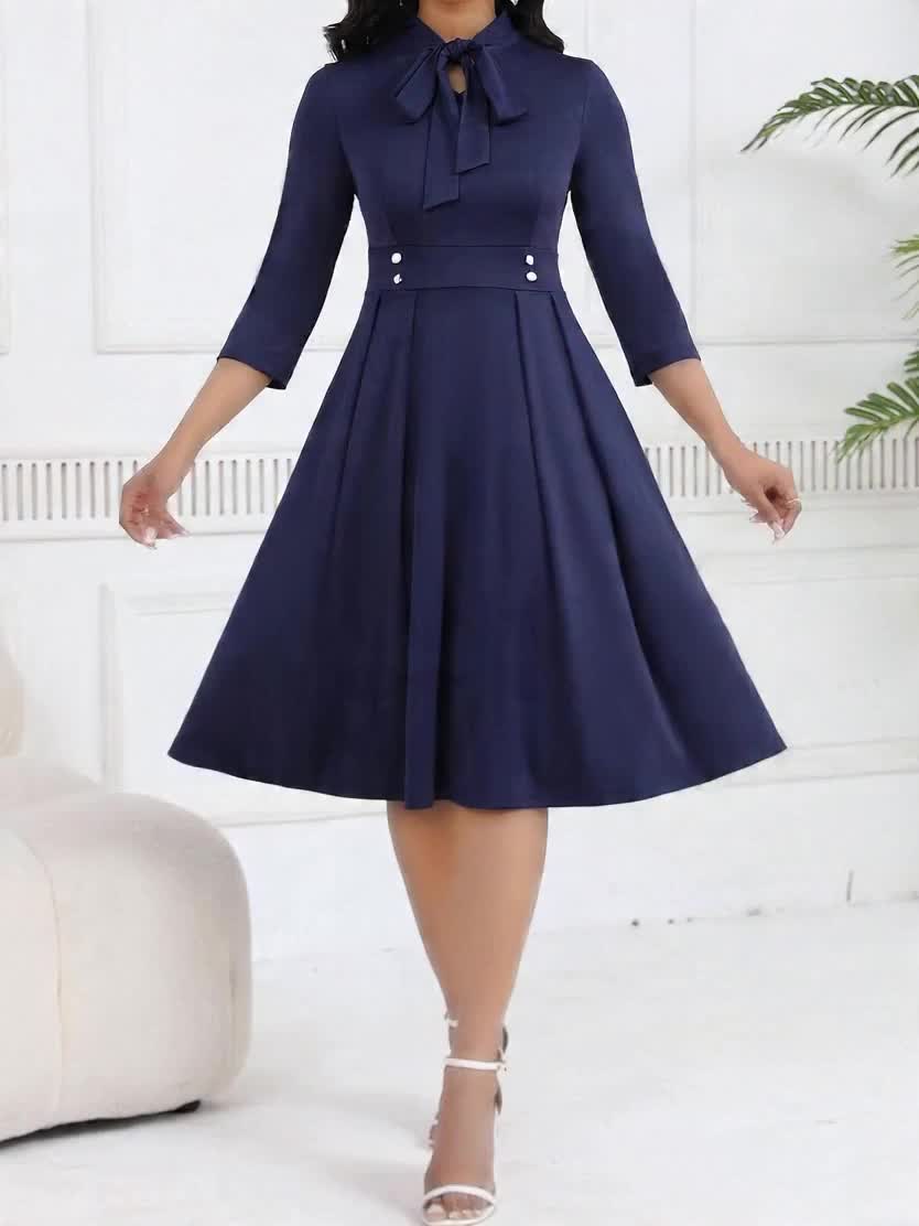 Elegant Bow Tie Midi Dress for Women with Stand Collar Elbow Sleeve Pleated Fit and Flare Style