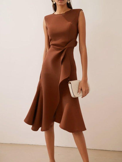 Elegant Draped Midi Dress for Women with Boat Neck Sleeveless Asymmetric Ruffle Hem Cocktail Style