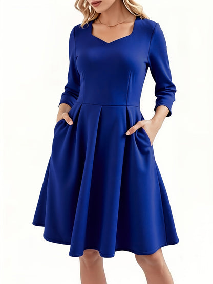 Elegant Royal Blue Midi Dress for Women with Sweetheart Neckline Elbow Sleeve Pleated Fit and Flare Style