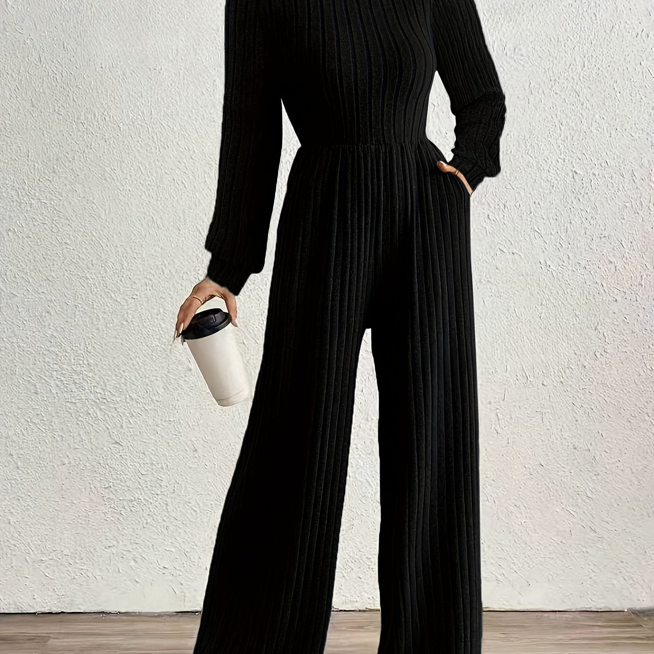 Comfortable Ribbed Knit Wide Leg Jumpsuit for Women with High Neck Long Sleeve Relaxed Pocket Style