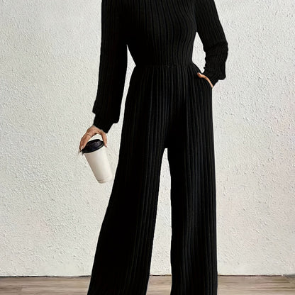 Comfortable Ribbed Knit Wide Leg Jumpsuit for Women with High Neck Long Sleeve Relaxed Pocket Style