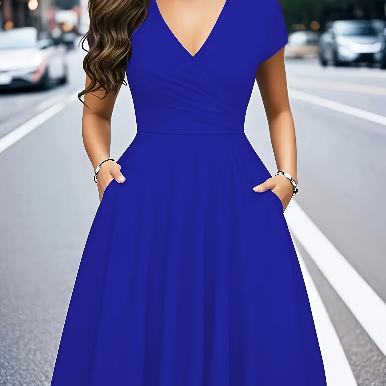 -Border Women'S Dress, Solid V-Neck Pocket A-Line Elegant