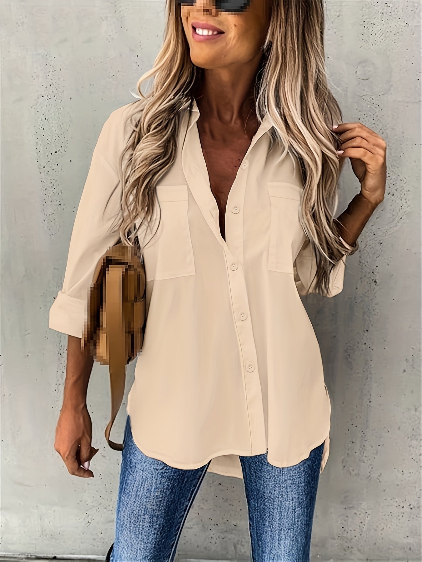 Solid Color Button-Up Long Sleeve Shirt for Women