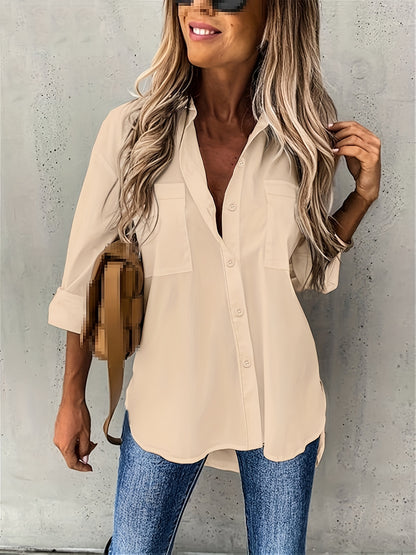 Solid Color Button-Up Long Sleeve Shirt for Women
