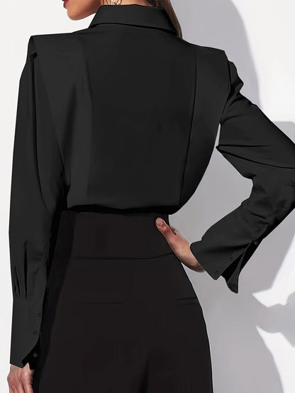 Elegant Structured Blouse for Women with Point Collar Long Sleeve Puff Shoulder Button Front Casual Style