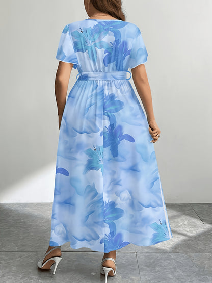 Plus Size - Plus Size - Plus Size Women'S Summer Printed Round Neck Short Sleeve Raglan Long Dress, Christmas Women'S Long Set