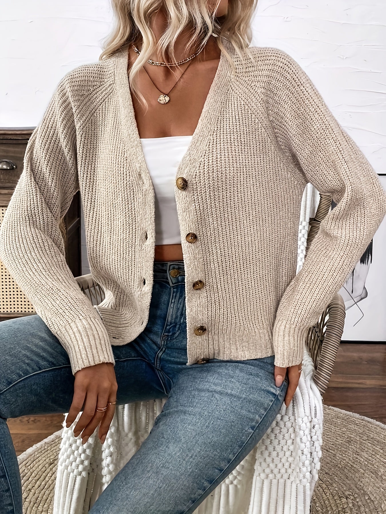 Comfortable Ribbed Knit Cardigan for Women with V Neck Long Sleeve Button Front Relaxed Cropped Style