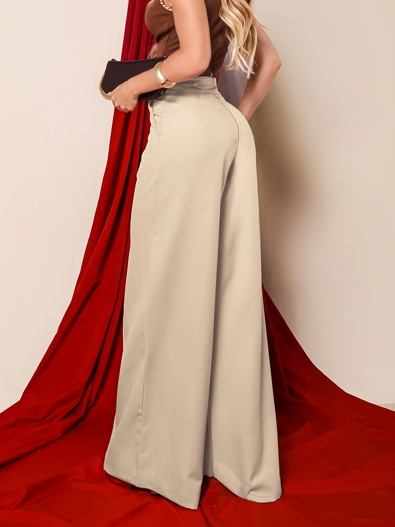 Elegant Khaki Wide Leg Pants for Women with High Waist Pintuck Tailored Formal Style