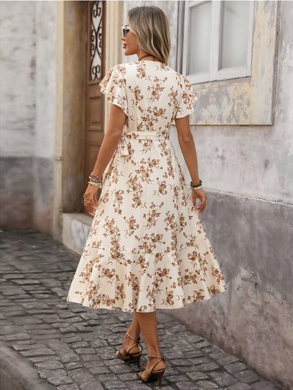 Mid-length Dress with Ruffled Sleeves, Floral Print, Waist Tie, Vacation Style