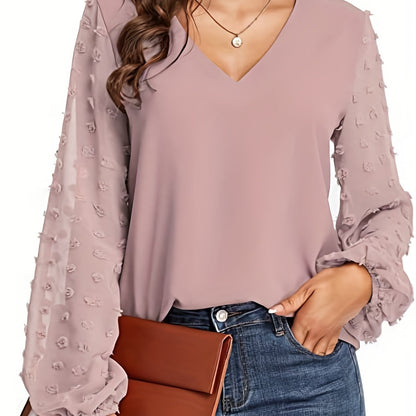 Effortless Swiss Dot Blouse for Women with V Neck Bishop Sleeve Textured Chiffon Casual Style