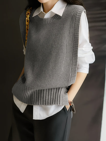 Comfortable Ribbed Sweater Vest for Women with Crew Neck Sleeveless Oversized Knit Style