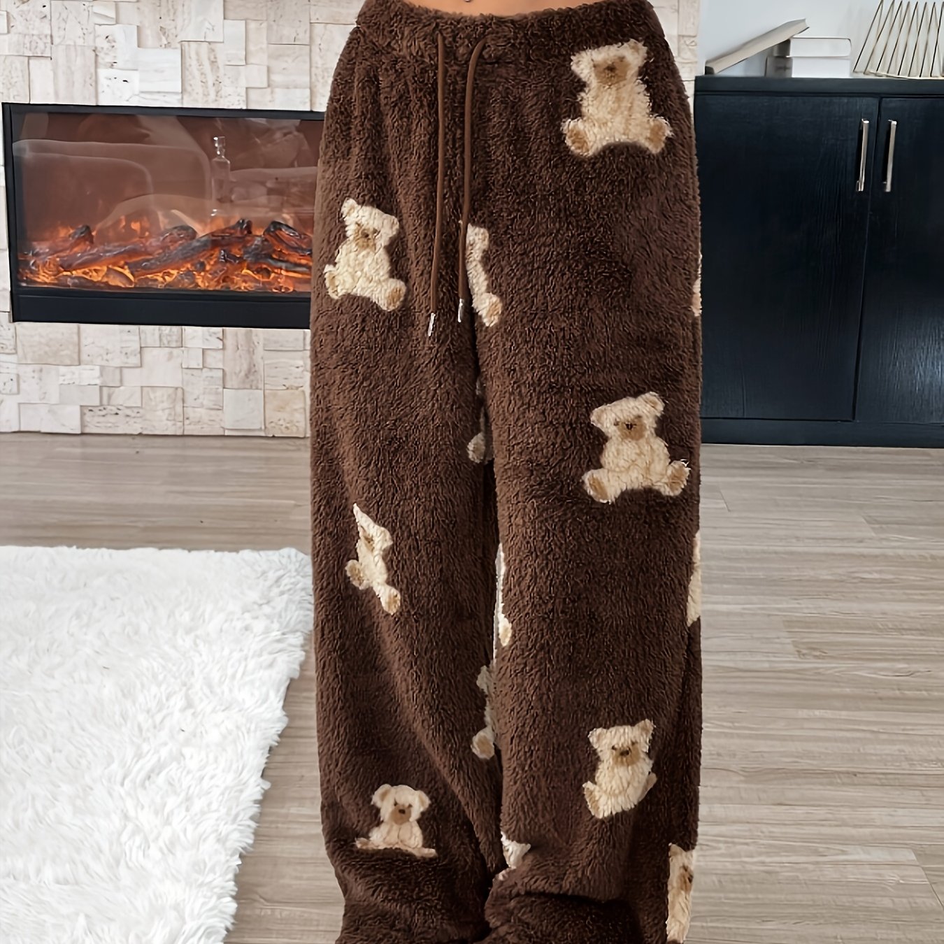 Women's Fashion  Pants with Cartoon Bear Pattern, Winter Warm Long Pants, Casual Home Pants
