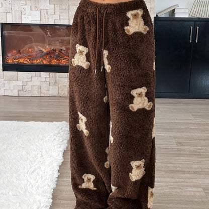 Women's Fashion  Pants with Cartoon Bear Pattern, Winter Warm Long Pants, Casual Home Pants