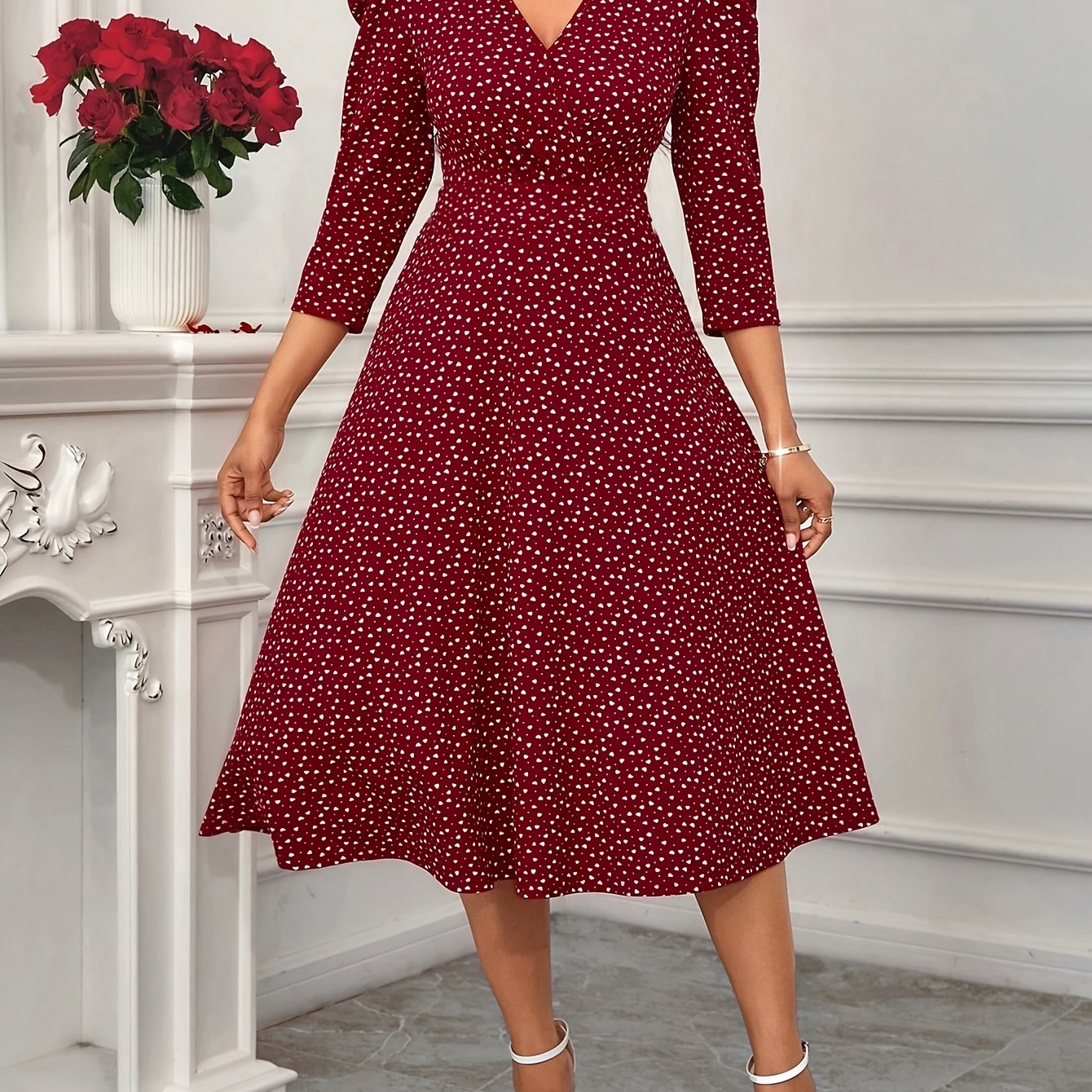 2026 New Valentine's Day/New Year Party/Suitable for Daily Work Wear/Suitable for All Seasons Elegant Fashion Versatile Daily Date V-Neck 3/4 Sleeve Waist Flared Long Red and Blue Women's Elegant Dress, Women's Polka Dot Small Heart Print Dress
