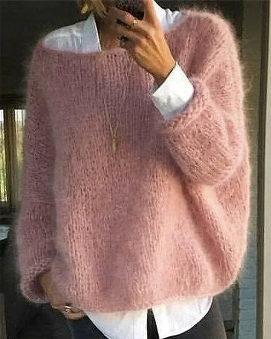 Comfortable Mohair Knit Sweater for Women with Wide Neck Long Sleeve Relaxed Oversized Style
