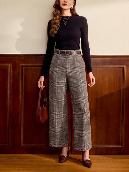 Elegant Lattice Plaid Wide Leg Pants for Women with High Waist Belted Tailored Relaxed Style