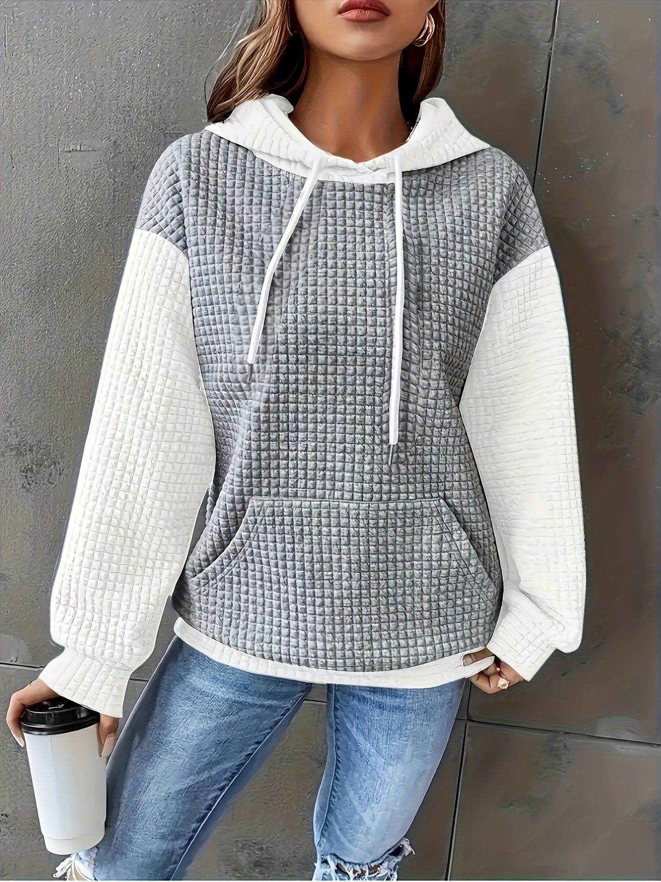 Autumn/Winter European and American Fashion Trendy Wide Fit Casual Loose Color Block Patchwork Pullover Hooded Versatile Sweatshirt Jacket for Women