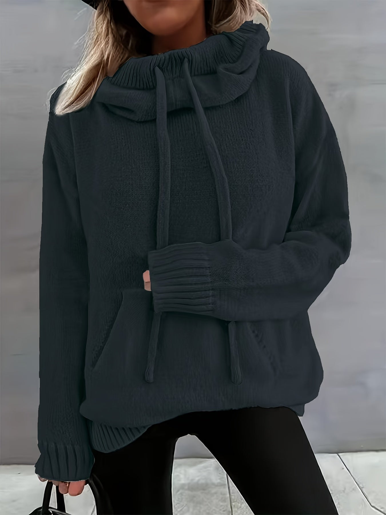 Comfortable Knit Sweater for Women with Cowl Neck Long Sleeve Drawstring Oversized Style