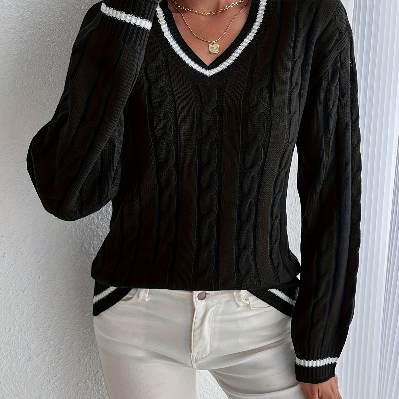 Comfortable Cable Knit Sweater for Women with V Neck Long Sleeve Striped Trim Oversized Style
