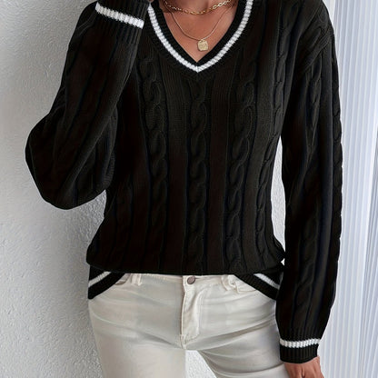 Comfortable Cable Knit Sweater for Women with V Neck Long Sleeve Striped Trim Oversized Style