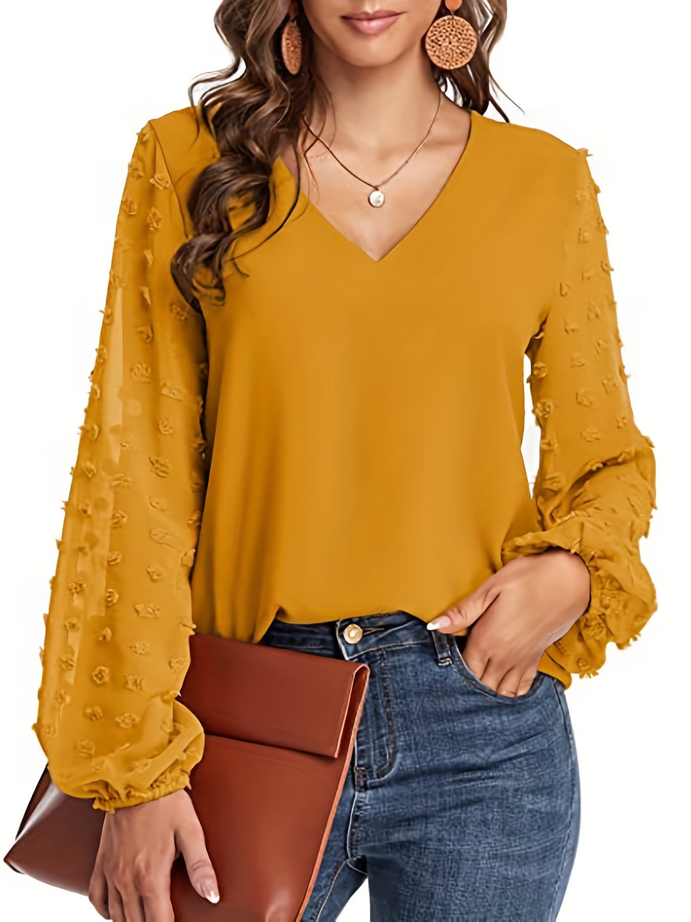 Effortless Swiss Dot Blouse for Women with V Neck Bishop Sleeve Textured Chiffon Casual Style