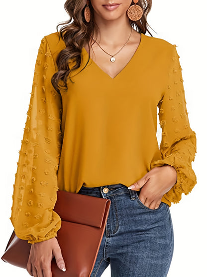 Effortless Swiss Dot Blouse for Women with V Neck Bishop Sleeve Textured Chiffon Casual Style