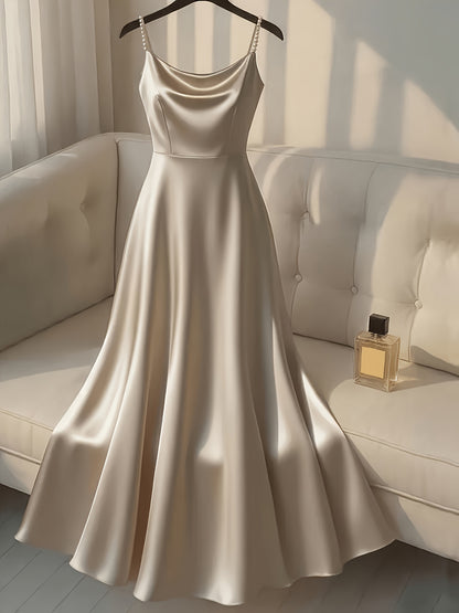 Elegant Satin Maxi Dress for Women with Cowl Neck Pearl Strap Flowing Formal Wedding Guest Style
