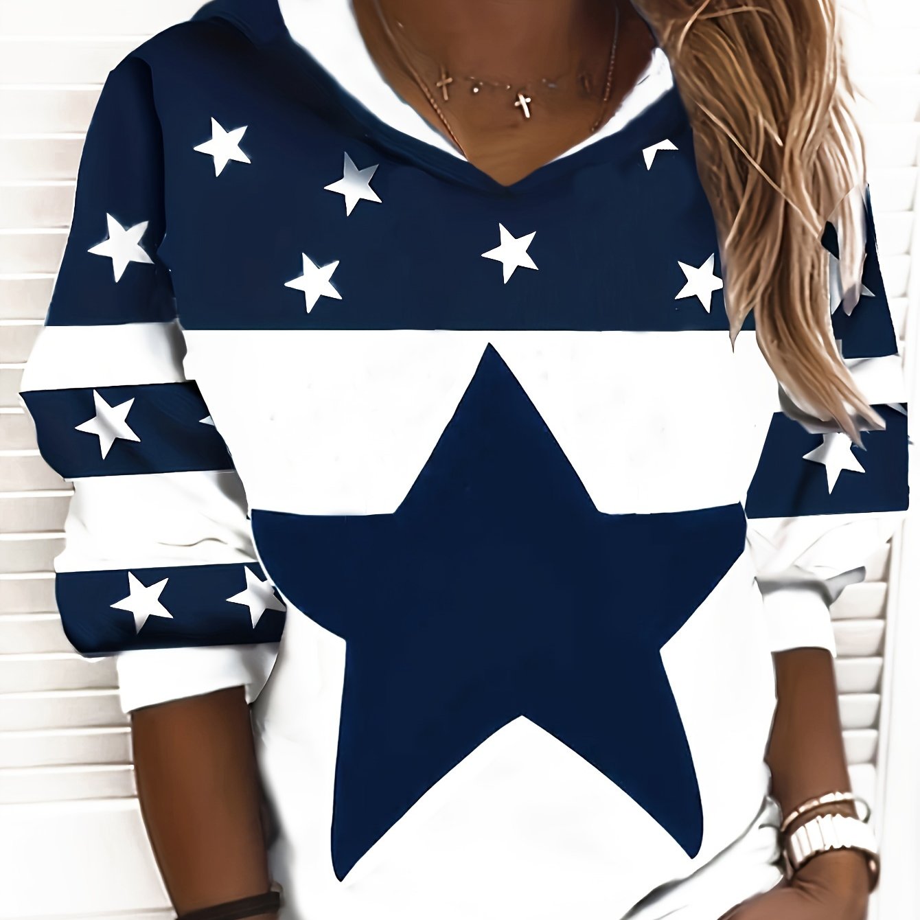 Comfortable Navy Star Print Hoodie for Women with Hooded Long Sleeve Color Block Relaxed Style