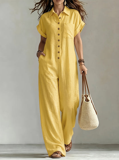 Women'S Summer Short Sleeve Jumpsuit, Collared Single-Row Button Loose Straight Style, Casual Cargo Overalls, Loose Straight Drape Long Pants, Daily Commute Casual All-Match Fashion Comfortable