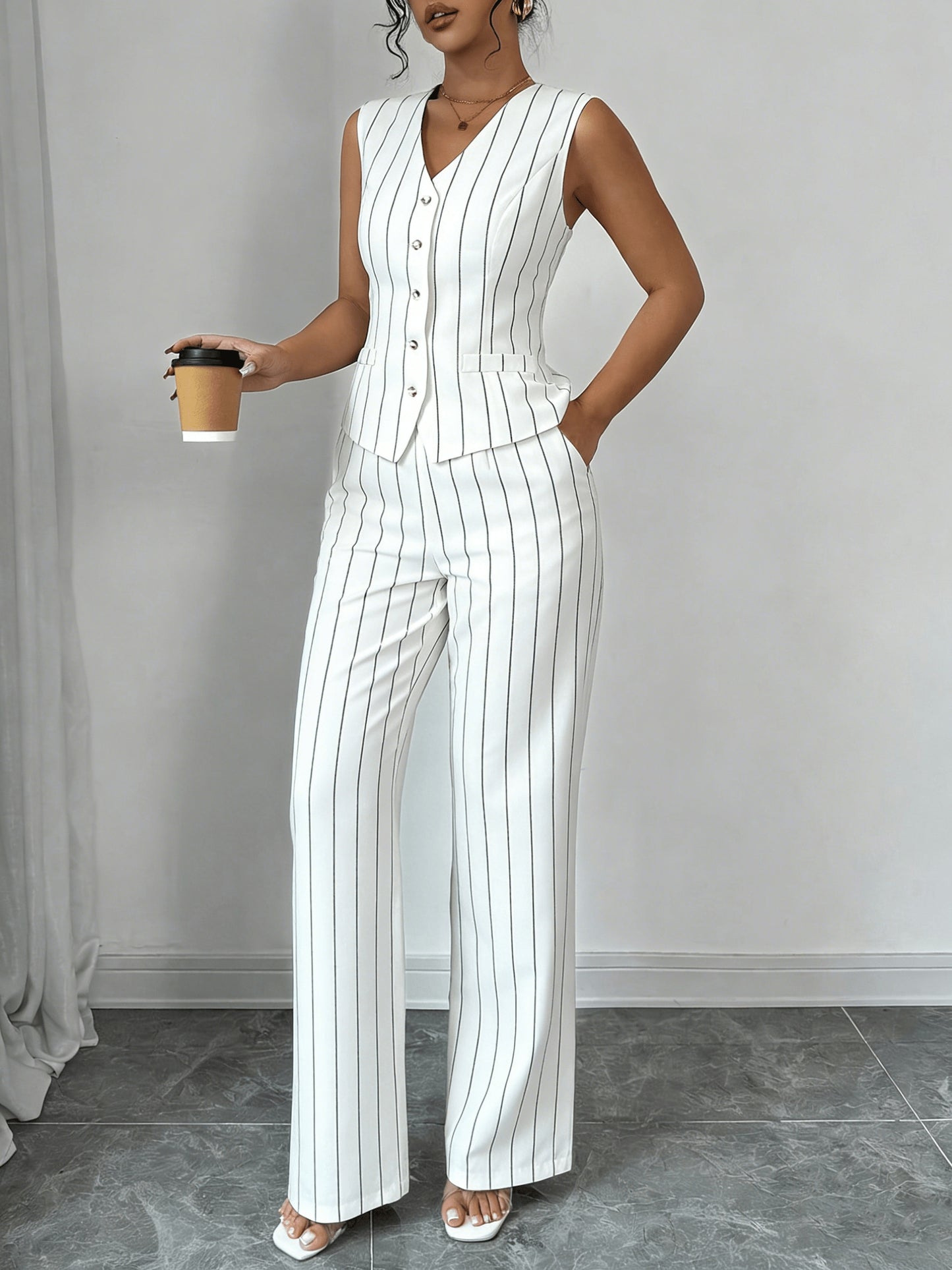 Elegant Grey Pinstripe Two Piece Set for Women with V Neck Button Front Waistcoat Wide Leg Pant Formal Style