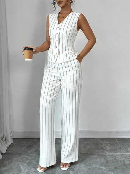 Elegant Grey Pinstripe Two Piece Set for Women with V Neck Button Front Waistcoat Wide Leg Pant Formal Style