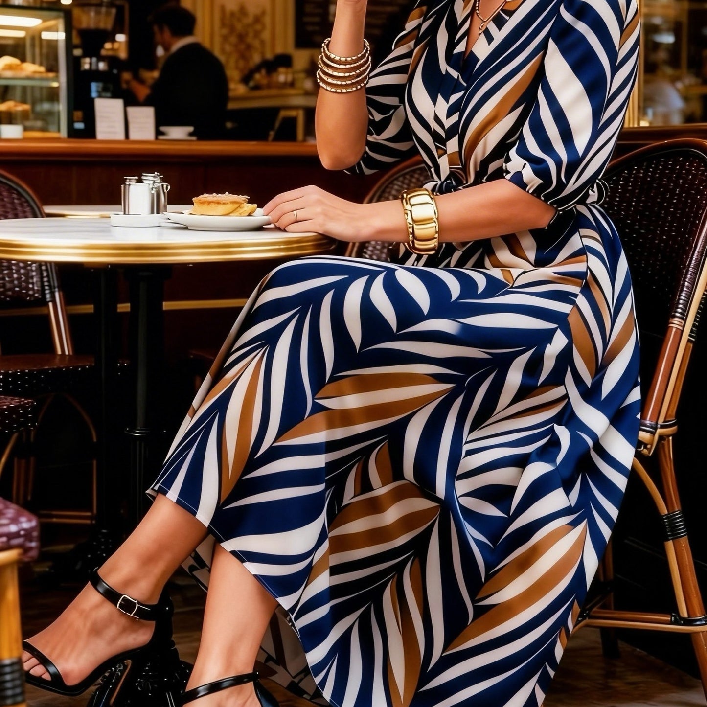 Women's Elegant Long Dress with Belt, V-Neck Leaf Patterned Brown Striped Black and White, Suitable for Festive Occasions Like New Year, Valentine's Day, Plus Size